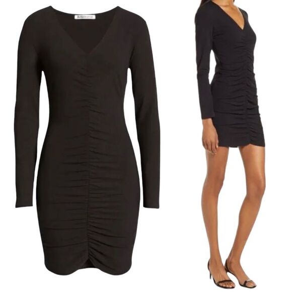 REFORMATION RUCHED Long Sleeve Black XS Organic Cotton Body Con DressNWT